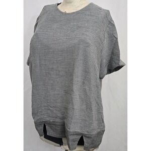 ORVIS Women L Boxy‎ Knit Top Gray Stripe Textured Short Sleeve Keyhole Back